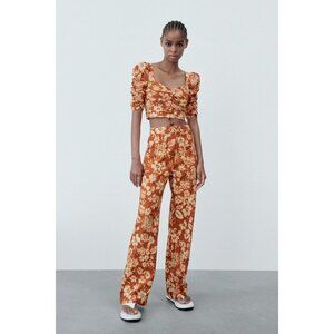 Zara Burnt Orange Floral Wide Leg Pants High Waist Boho Retro XL